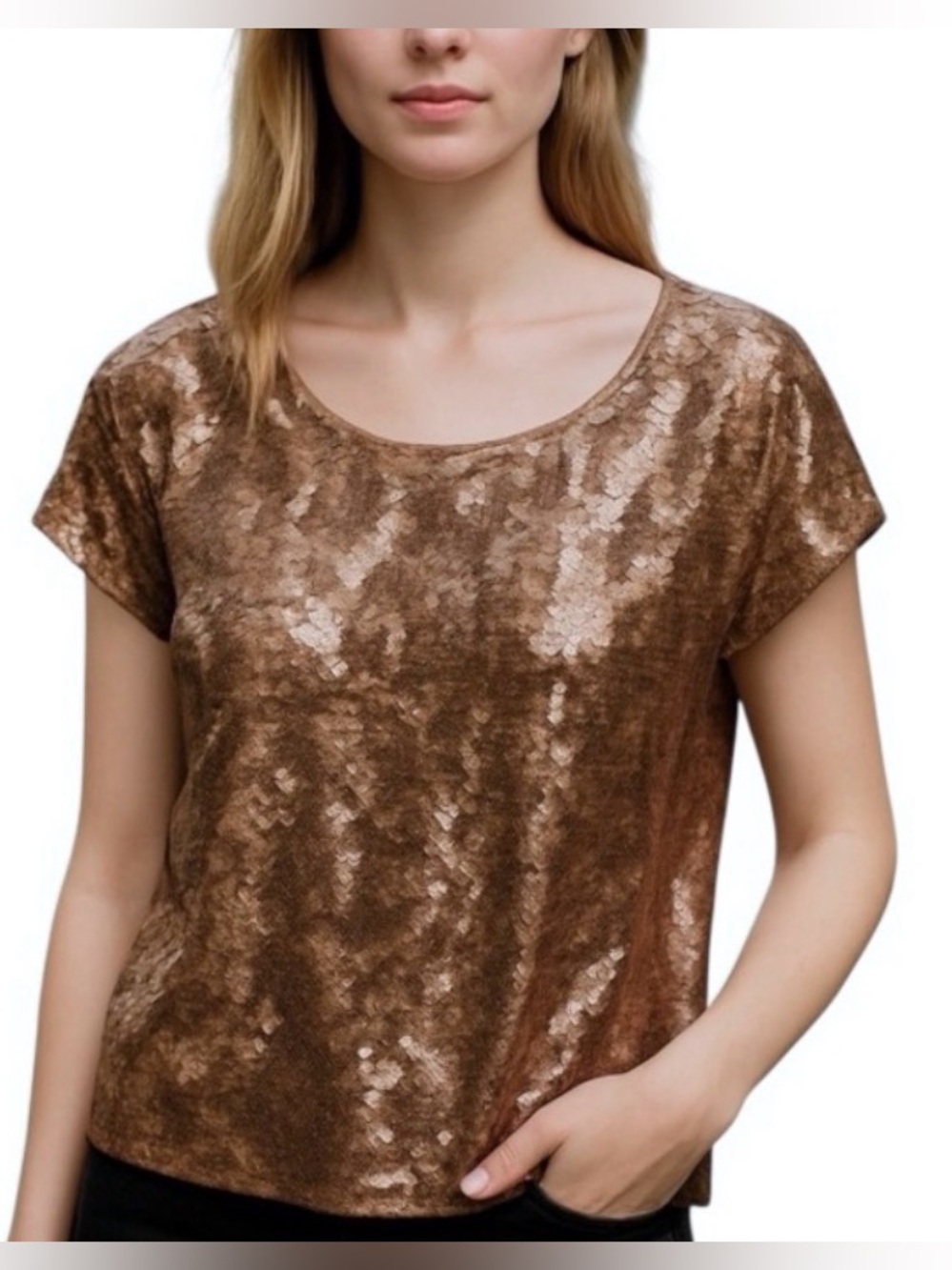 Women’s Bronze Sequin Short Sleeve Top Size Medium Y2K Party Holiday Festive